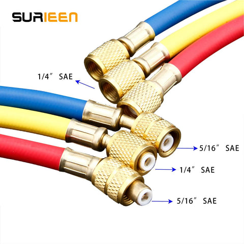 Close-up of SURIEEN 60-inch refrigerant charging hoses with brass 1/4 to 5/16 SAE fittings in blue, yellow, red