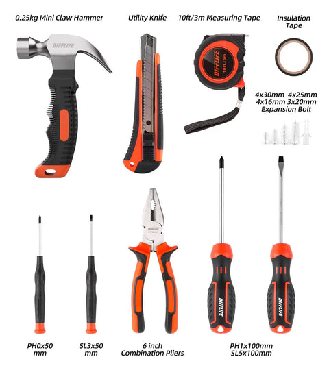 All In One 14 Piece Home And Auto Repair Tool Set With Hammer, Pliers, Screwdrivers, Tape Measure And Sturdy Toolbox Case For DIYers.