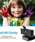 Top Tier 1080P Webcam Delivering Knockout Video Quality And Crystal Clear Audio with colorful child hands and camera.