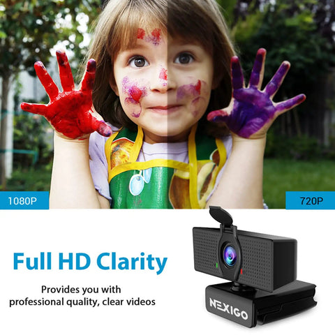 Top Tier 1080P Webcam Delivering Knockout Video Quality And Crystal Clear Audio with colorful child hands and camera.