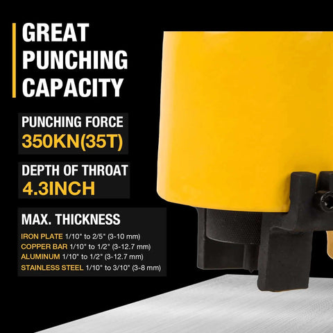 CH70 35T Hydraulic Hole Punch Tool showing great punching capacity, punch force of 35T, and depth of throat 4.3 inches.
