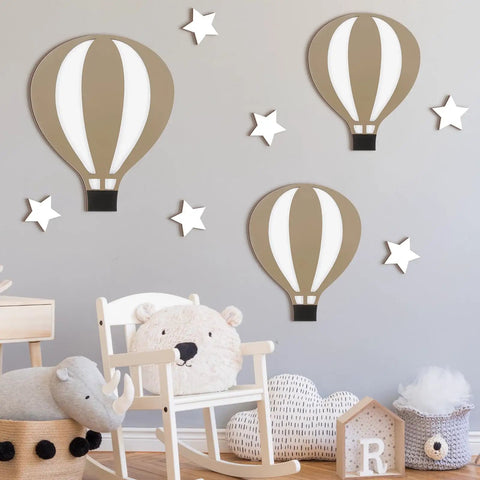 Nine Piece Boho Hot Air Balloon Nursery Wall Decor Kit With Wooden Signs And Star Shapes Comes With 100 Clear Adhesive Dots
