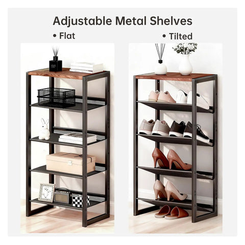 Sturdy 5 Tier Metal Shoe Rack Workhorse With Rust Proof Coating, adjustable flat and inclined shelves for versatile use