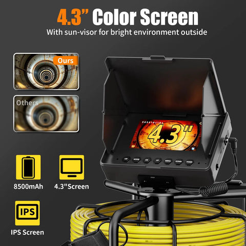 Pro-Grade Sewer Camera Kit With 100 Ft Cable And 4.3 Inch HD Screen 23mm Endoscope With 12 LED Lights 8500mAh Battery Portable Drain Inspection Tool For Plumbers And Homeowners, 4.3-inch IPS screen