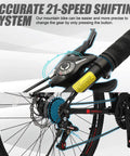 Close-up of 21-speed gear shifter on Trail Ready 27.5 Inch Mountain Bike For Men And Women, black handlebar and derailleur.