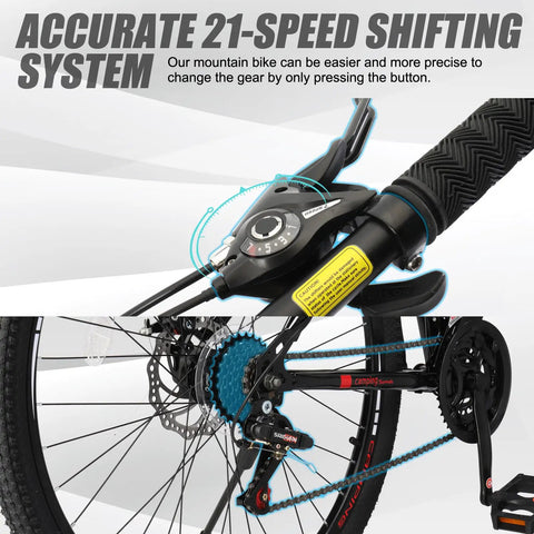 Close-up of 21-speed gear shifter on Trail Ready 27.5 Inch Mountain Bike For Men And Women, black handlebar and derailleur.