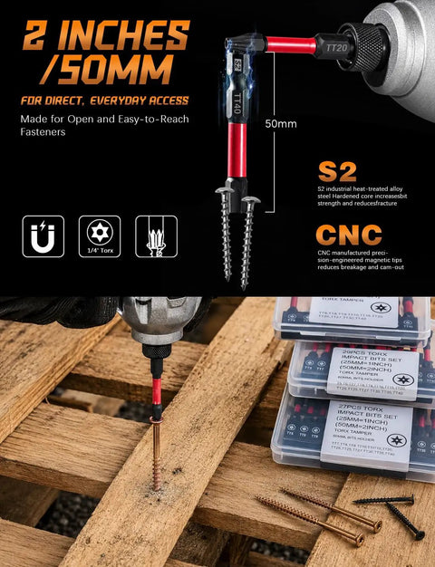 Image of 2 inch Torx bit being used with a drill on wood, part of a 10 Piece Security Torx Bit Set Including Tamper Resistant Star Bits Tt6 To Tt40 And 2 Inch Shafts For Impact Drivers Built Solid To Handle Whatever You Gonna Crank On Later.
