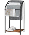 Freestanding 4 Tier Towel Rack And Blanket Display Stand with durable steel, rustic brown finish, 31.3 inch tall in use.