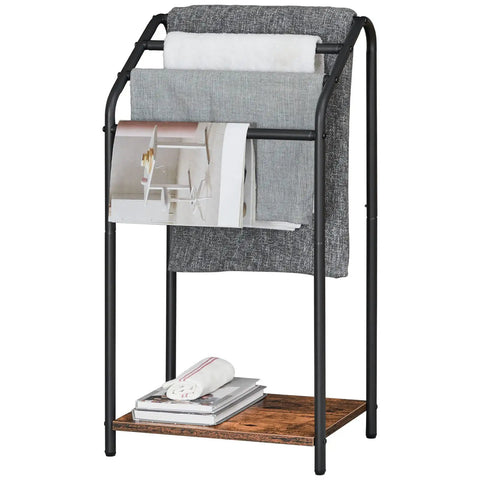 Freestanding 4 Tier Towel Rack And Blanket Display Stand with durable steel, rustic brown finish, 31.3 inch tall in use.