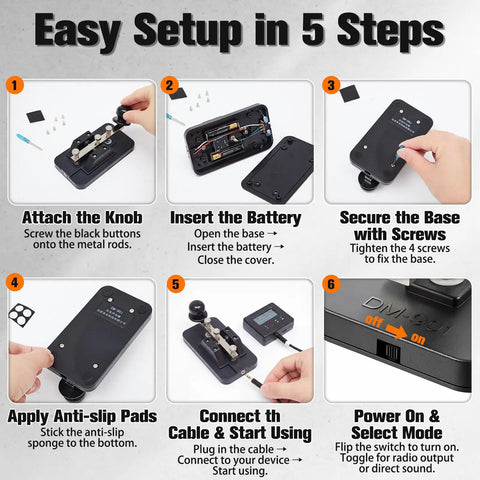 Portable Morse code trainer key with buzzer, battery compartment, and setup steps for beginners