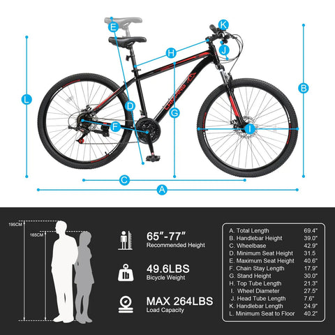 Trail Ready 27.5 Inch Mountain Bike For Men And Women, 21 Speed Shifting, Dual Disc Brakes, Suspension Fork, Bicycle Dimensions