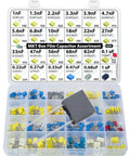 Bulk MKT PET Film Capacitor Kit, 235-Piece Assortment With 24 Values At 63V, labeled box with assorted capacitors.