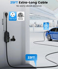 Premium Wall Mounted Level 2 EV Charger 24 Amp 240 Volt With Nema 10-30 Plug Plug And Play showing 25FT cable and charging process.