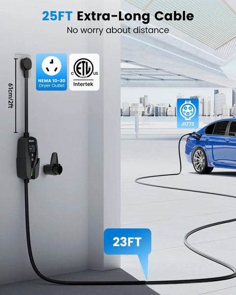 Premium Wall Mounted Level 2 EV Charger 24 Amp 240 Volt With Nema 10-30 Plug Plug And Play showing 25FT cable and charging process.