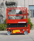 No Nonsense Hydraulic Lift Platform And Heavy Duty Warehouse Stacking Table Built Like A Tank For Smooth Cargo Operations, red, parked outside.