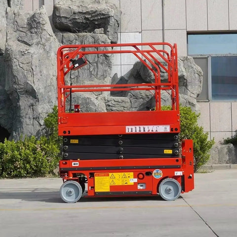No Nonsense Hydraulic Lift Platform And Heavy Duty Warehouse Stacking Table Built Like A Tank For Smooth Cargo Operations, red, parked outside.