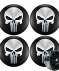 Four 2.2 Inch Metal Wheel Center Caps With A Badass Skull Pattern Universal Car Truck Rim Hub Covers, black and silver design.