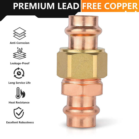 One inch copper press union coupling, lead free, anti-corrosion, used for connecting potable water tubing.