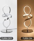 Dope Modern LED Table Lamp With Unique Spiral Design showing chrome finish and warm light on and off.