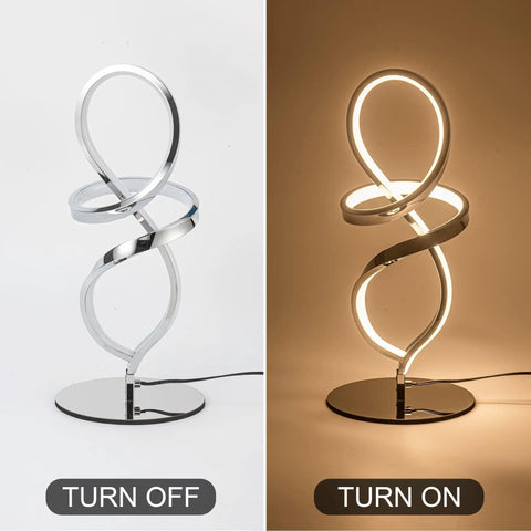 Dope Modern LED Table Lamp With Unique Spiral Design showing chrome finish and warm light on and off.