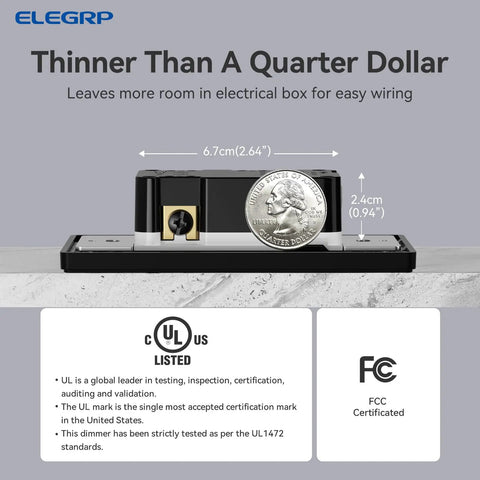 Matte Black Digital Dimmer Light Switch beside a quarter, showing its thin profile and UL listed certification.