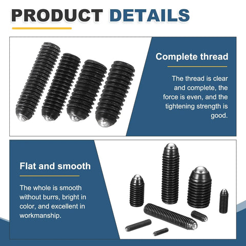 M6x12mm Black Carbon Steel Hex Socket Spring Plungers Ball Point Set Screws Locks In Tight For Furniture Repair And Machinery Fixtures Pack Of Twelve Snag Free Hardware Clips showing various screw types and clear threads.