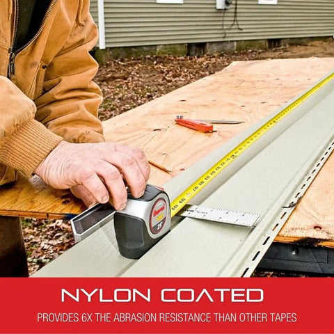 Person using Exact Plus Retractable Metric Pocket Tape Measure With Nylon Coating And Black Anodized Steel Belt Clip on wood