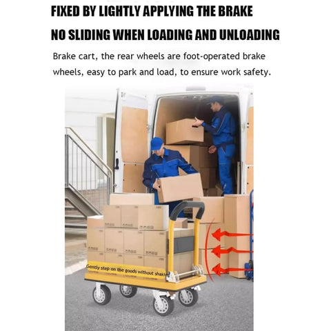 Heavy Duty Rolling Flatbed Cart With Folding Platform Trolley Built Tough For Hauling Heavy Gear Easy Loading And Transport Rust Resistant Steel Wide Load Capacity Ideal For Warehouse Workshop Or Moving Equipment In Red, brake wheels locked