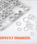 580 Piece Aluminum Crush Washer Set with 18 Sizes M6 to M24 in organized storage case, visible on white surface.