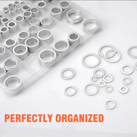 580 Piece Aluminum Crush Washer Set with 18 Sizes M6 to M24 in organized storage case, visible on white surface.