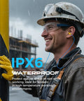 Worker wearing Neckband Wireless Earbuds With 29 dB Noise Reduction in construction site, IPX6 Sweatproof for safe use.