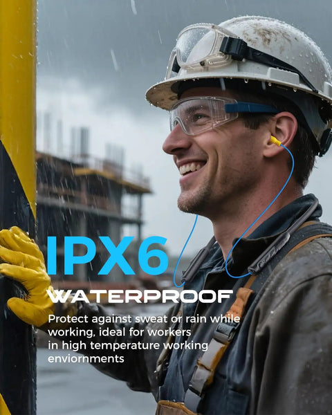 Worker wearing Neckband Wireless Earbuds With 29 dB Noise Reduction in construction site, IPX6 Sweatproof for safe use.