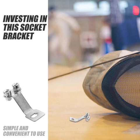 Fencing Foil Display Wall Hanger And Metal Vertical Storage Mount bracket on a wooden table with a fencing mask nearby