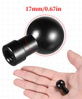 Durable Aluminum 17mm Ball Head Mount With A One Quarter Inch Twenty Screw, shown in hand for size comparison.