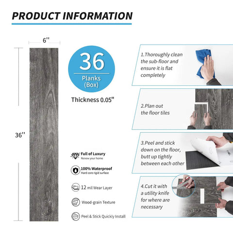 Product information and installation steps for Peel And Stick Vinyl Plank Flooring Wood Look Ebony, 36 pack, 54 sq ft coverage