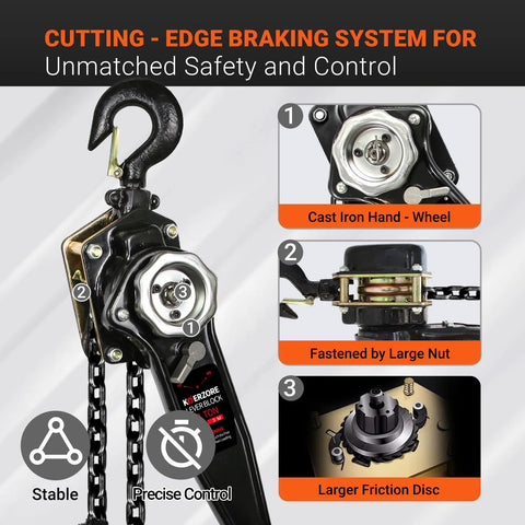 KOERZORE manual lever chain hoist, 3-ton capacity, galvanized carbon steel, front view with hook and chain.