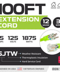 Specifications of Weatherproof 100 Ft Outdoor Extension Cord with Lighted End 12/3 SJTW 15 Amp, 125V, neon green