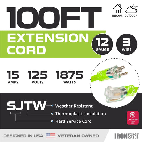 Specifications of Weatherproof 100 Ft Outdoor Extension Cord with Lighted End 12/3 SJTW 15 Amp, 125V, neon green