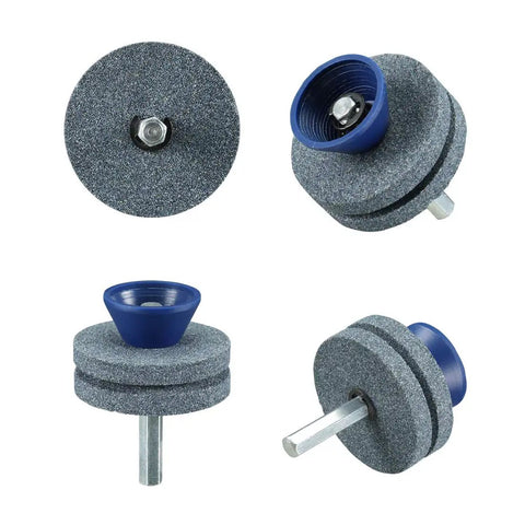 Double Layer Corundum Lawn Mower Blade Sharpener for Any Drill Universal Sharpening Tool with Dual Grindstones, 3-pack view.