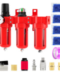 Heavy Duty Three Stage Air Drying System For Compressors Featuring Coalescing Filter Integrated Desiccant Dryer And Adjustable Pressure Regulator with red housing.