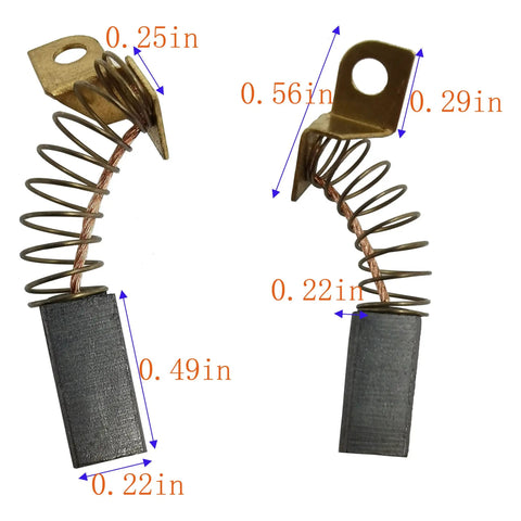 Fix That Janky Spark Carbon Brush Replacement Set Eight Pack showing two carbon brushes with copper wires and dimensions for motor repair.
