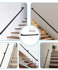Heavy Duty Black Wrought Iron Wall Mount Stair Railing Adjusts 5 To 14 Feet For Decks And Porches, showcasing various installation angles.