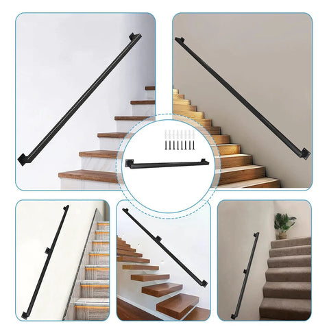 Heavy Duty Black Wrought Iron Wall Mount Stair Railing Adjusts 5 To 14 Feet For Decks And Porches, showcasing various installation angles.