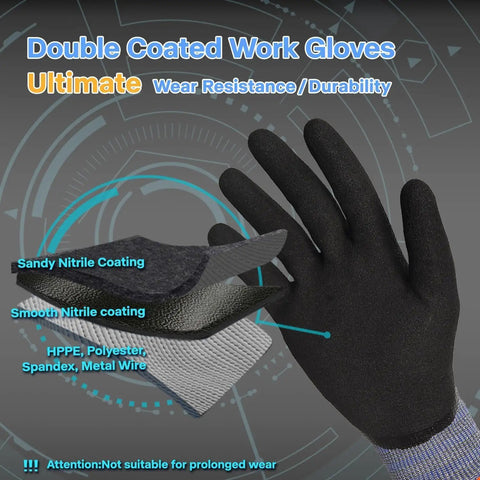 Heavy Duty Work Gloves With 3/4 Double Nitrile Coating, Ultra Abrasion-Resistant 18-Gauge Construction, Black, Large