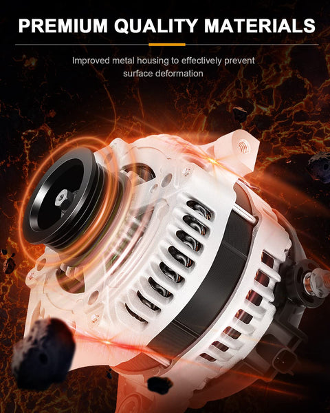 Close-up of high output 160 Amp 12V alternator replacement for Chrysler Town And Country, Dodge Grand Caravan, Jeep Wrangler