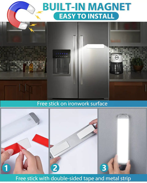 Motion Sensor Cabinet Light With 30 LED Dimmer Under Counter Closet Lighting Battery Powered Wireless USB Magnetic Night Lights For Kitchen Wardrobe Closet Cupboard 3 Pack shown on fridge and being installed with tape and magnet