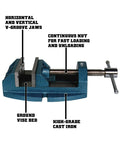 Versatile Drill Press Vise With 4 Inch Jaw Width And 4 Inch Max Jaw Opening Continuous Nut Heavy Duty Cast Iron Frame Ground V Groove Jaws Pro Grade Workhorse With Lifetime Warranty displayed with labeling of features
