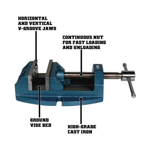 Versatile Drill Press Vise With 4 Inch Jaw Width And 4 Inch Max Jaw Opening Continuous Nut Heavy Duty Cast Iron Frame Ground V Groove Jaws Pro Grade Workhorse With Lifetime Warranty displayed with labeling of features