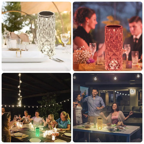 Crystal Table Lamp With RGB Color Changing LED, Romantic Rose Diamond Touch Lamp in social settings, glowing in various colors.