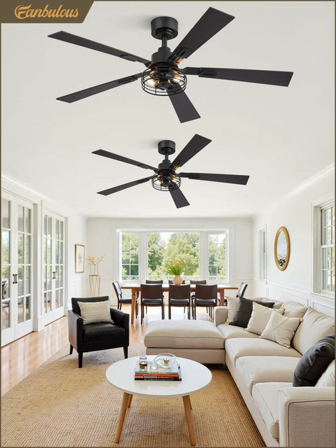 Two Pack Go To Farmhouse Style 48 Inch Ceiling Fans With Lights, Industrial Caged Design in a living room setting
